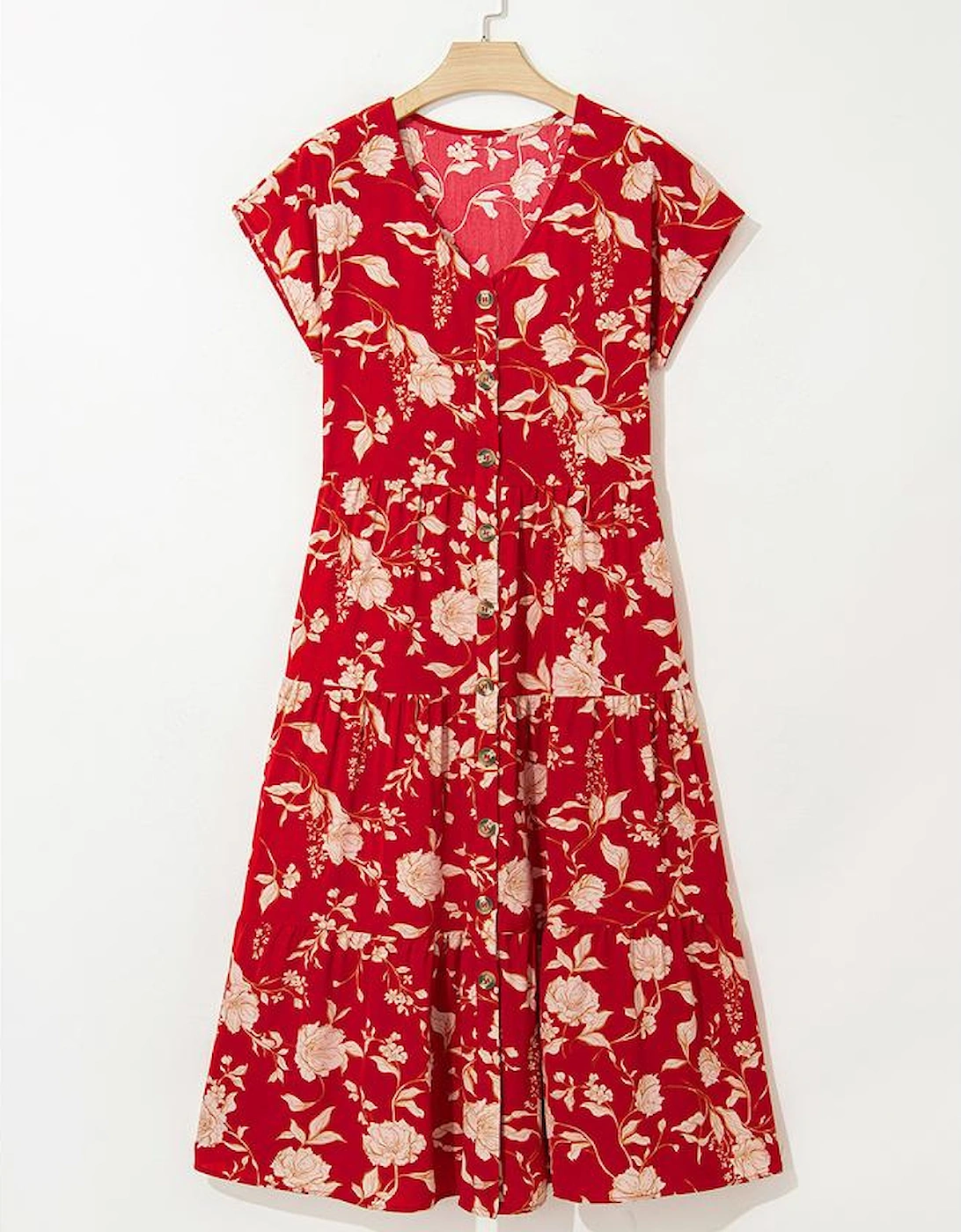 Red Floral Print Buttoned Front V Neck Tiered Short Sleeve Midi Dress