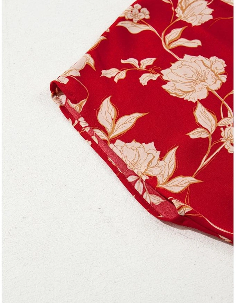 Red Floral Print Buttoned Front V Neck Tiered Short Sleeve Midi Dress