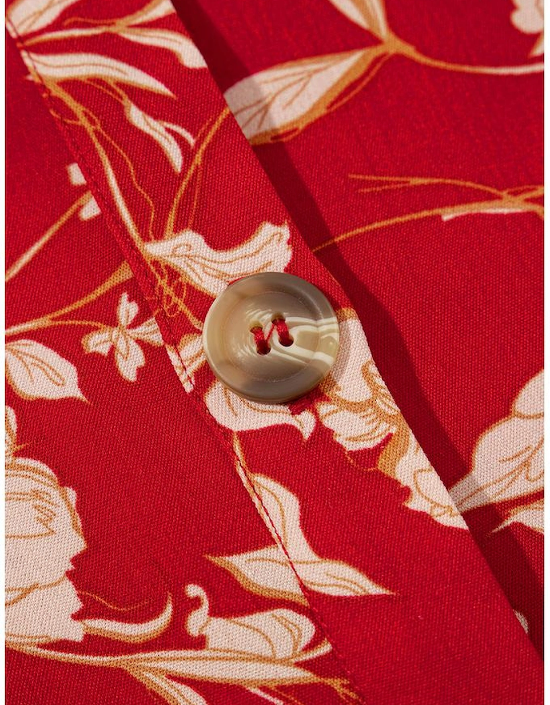 Red Floral Print Buttoned Front V Neck Tiered Short Sleeve Midi Dress