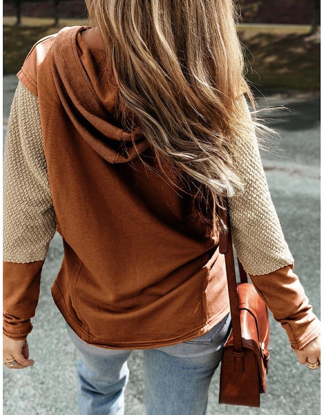 Chestnut Contrast Sleeves Patchwork Colorblock Hoodie