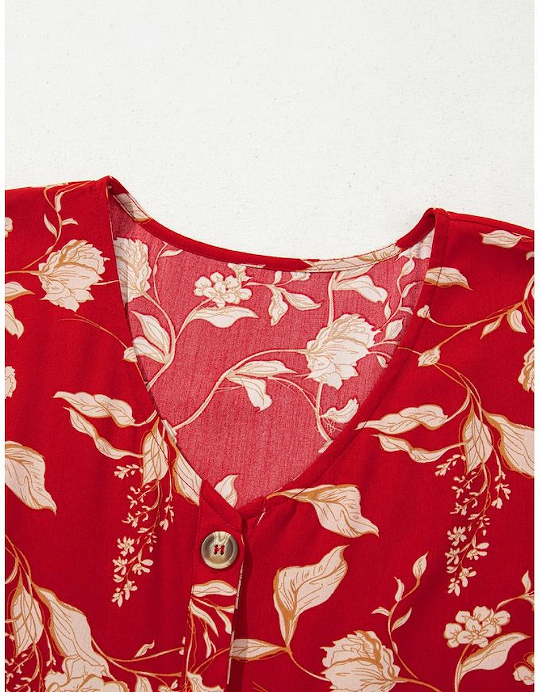 Red Floral Print Buttoned Front V Neck Tiered Short Sleeve Midi Dress
