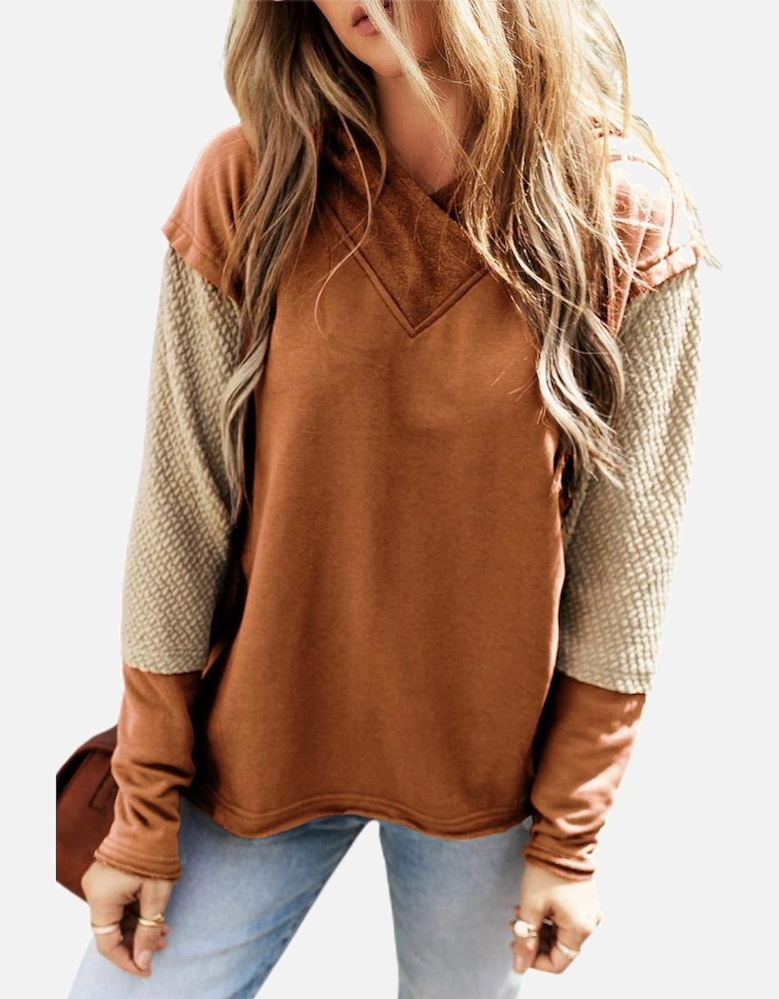 Chestnut Contrast Sleeves Patchwork Colorblock Hoodie