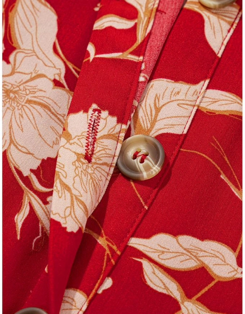 Red Floral Print Buttoned Front V Neck Tiered Short Sleeve Midi Dress