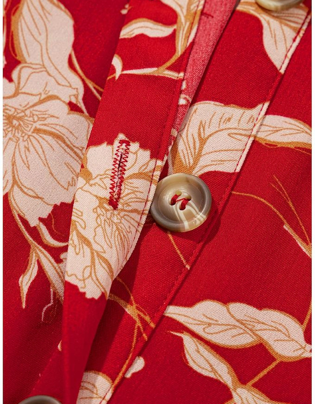 Red Floral Print Buttoned Front V Neck Tiered Short Sleeve Midi Dress