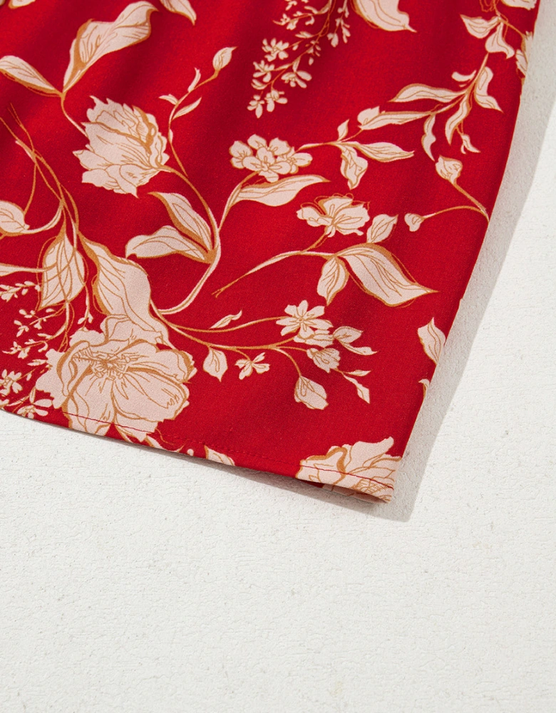 Red Floral Print Buttoned Front V Neck Tiered Short Sleeve Midi Dress