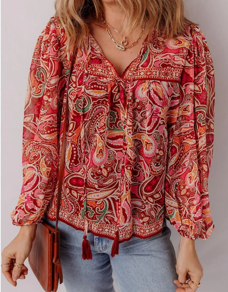 Multicolour Ethnic Paisley Print Tassel Tie Puff Sleeve Boho Blouse