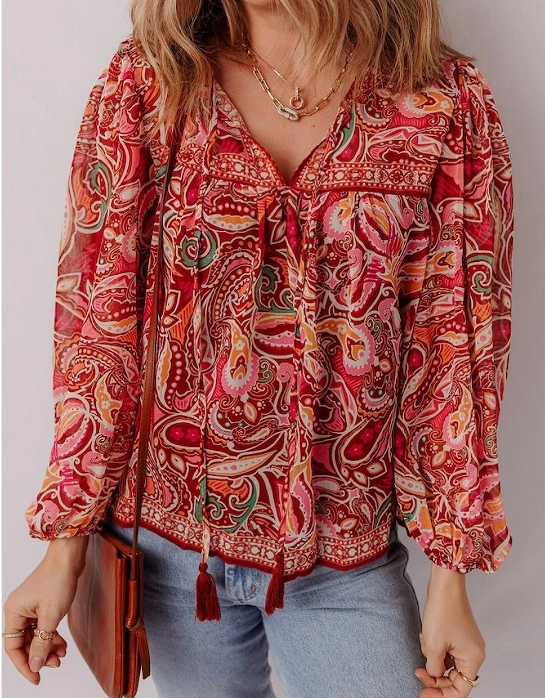 Multicolour Ethnic Paisley Print Tassel Tie Puff Sleeve Boho Blouse
