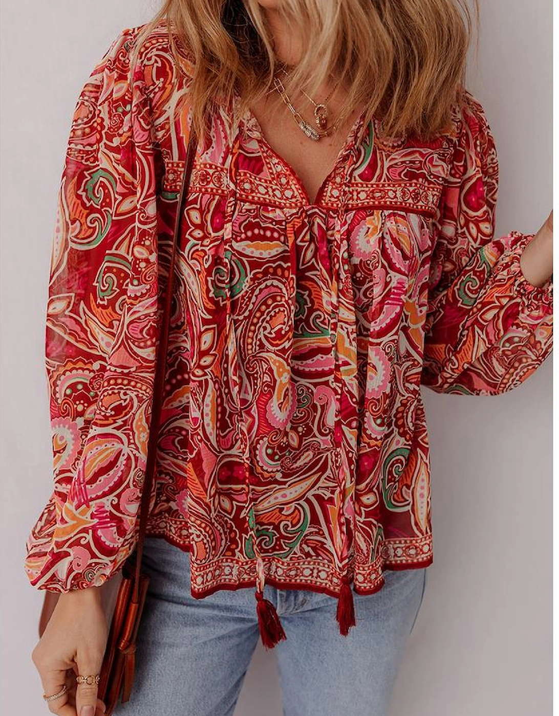 Multicolour Ethnic Paisley Print Tassel Tie Puff Sleeve Boho Blouse