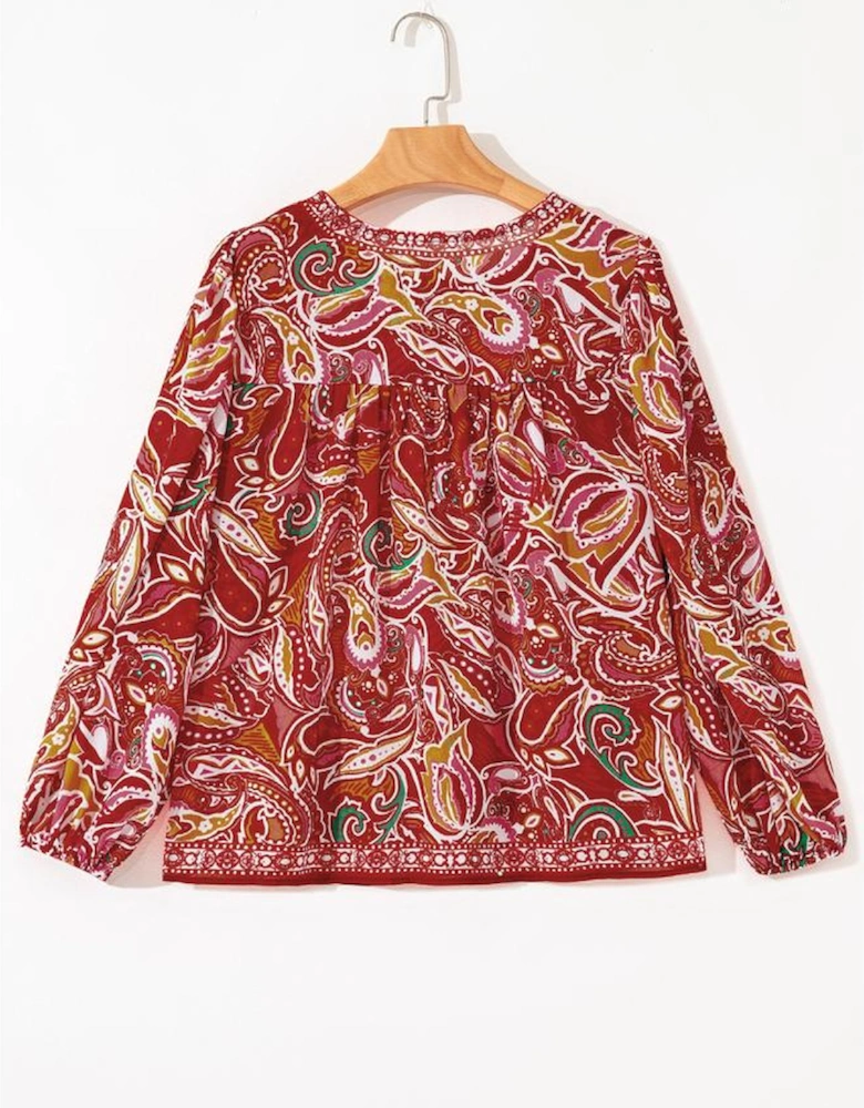 Multicolour Ethnic Paisley Print Tassel Tie Puff Sleeve Boho Blouse