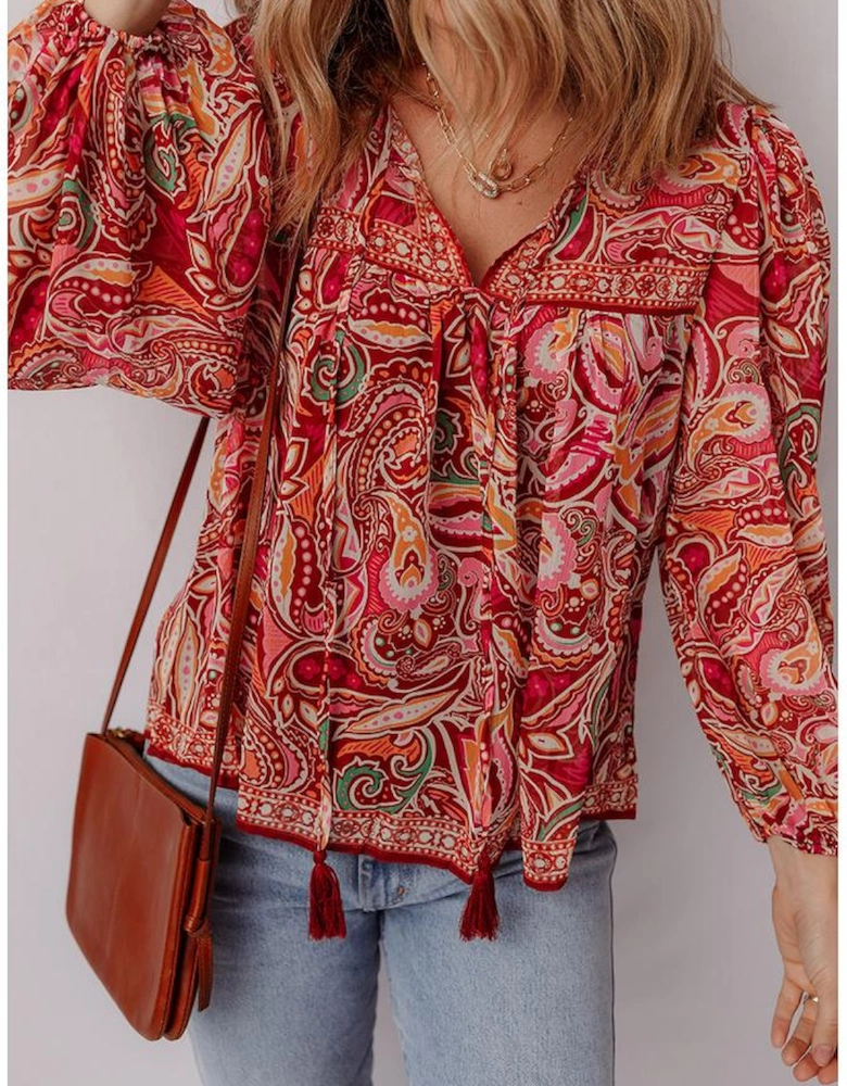 Multicolour Ethnic Paisley Print Tassel Tie Puff Sleeve Boho Blouse