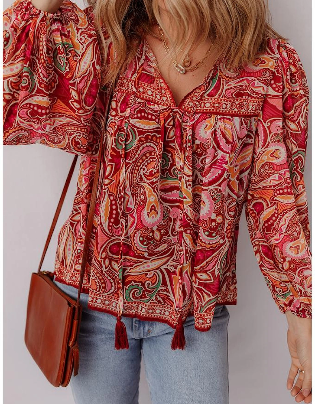 Multicolour Ethnic Paisley Print Tassel Tie Puff Sleeve Boho Blouse