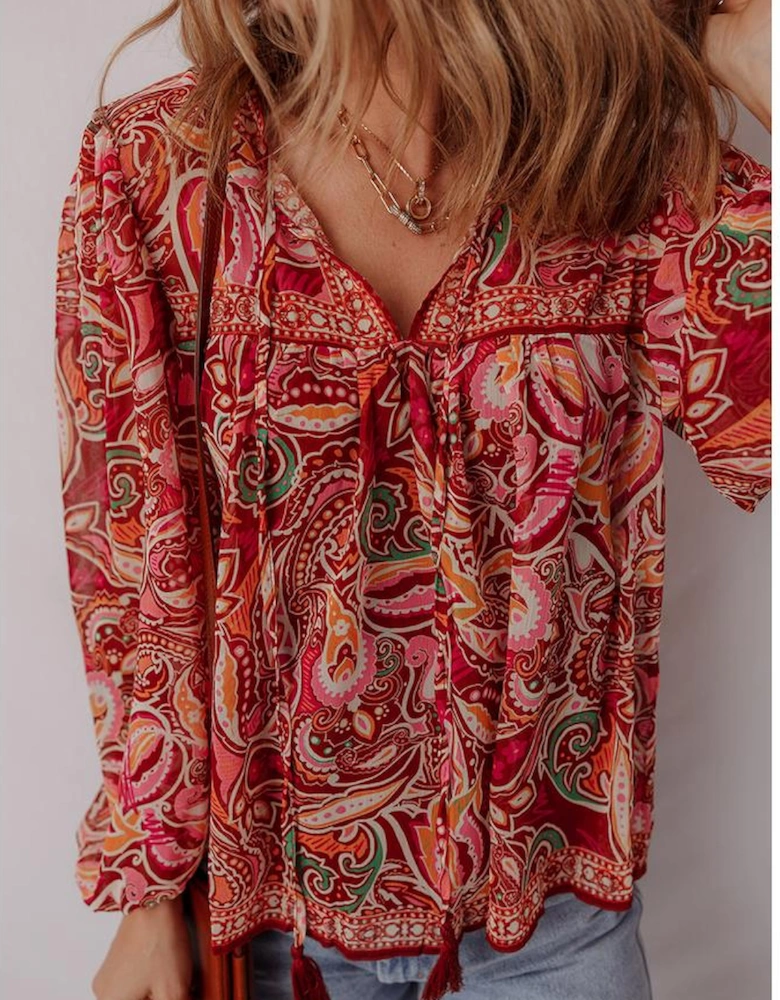 Multicolour Ethnic Paisley Print Tassel Tie Puff Sleeve Boho Blouse