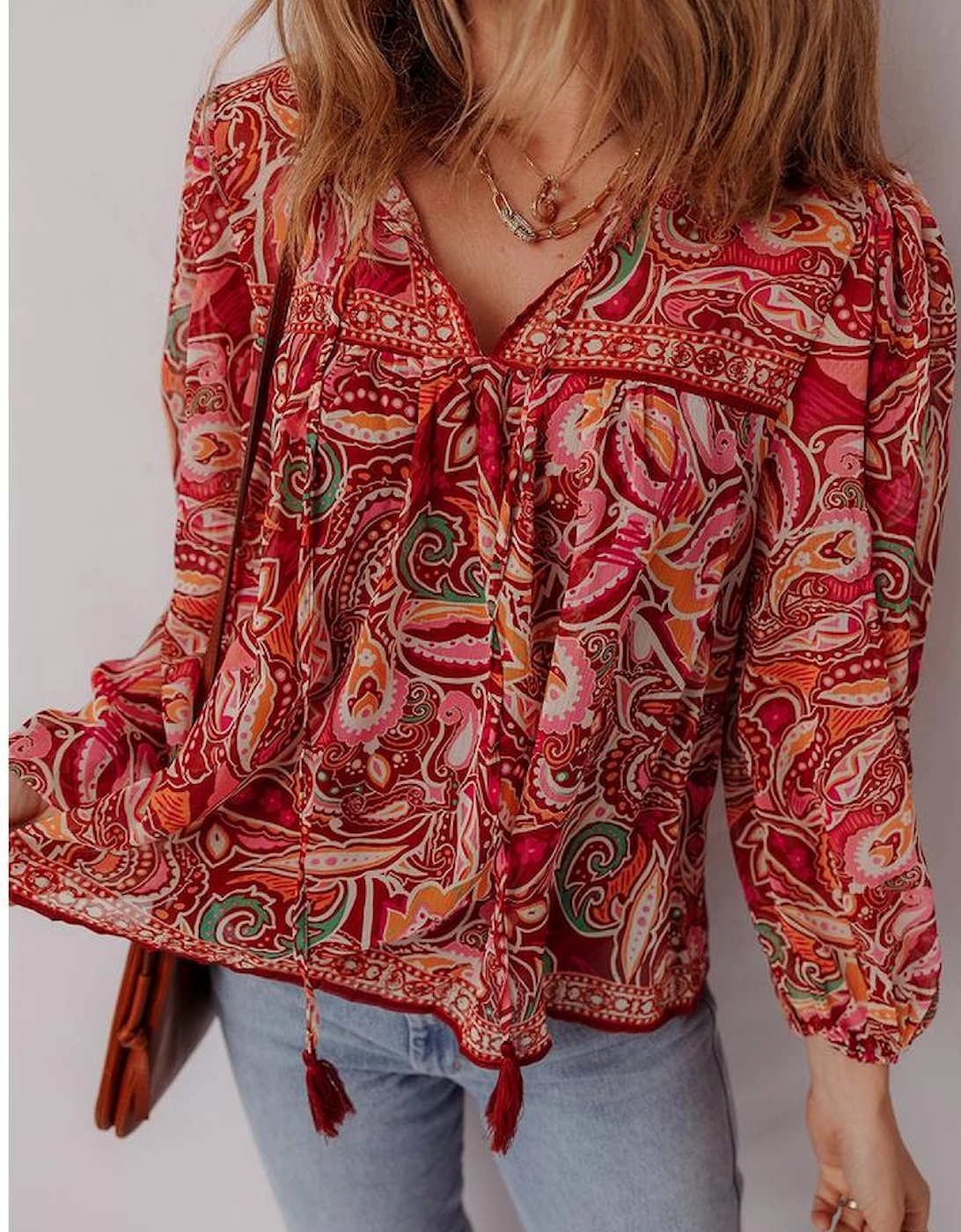Multicolour Ethnic Paisley Print Tassel Tie Puff Sleeve Boho Blouse