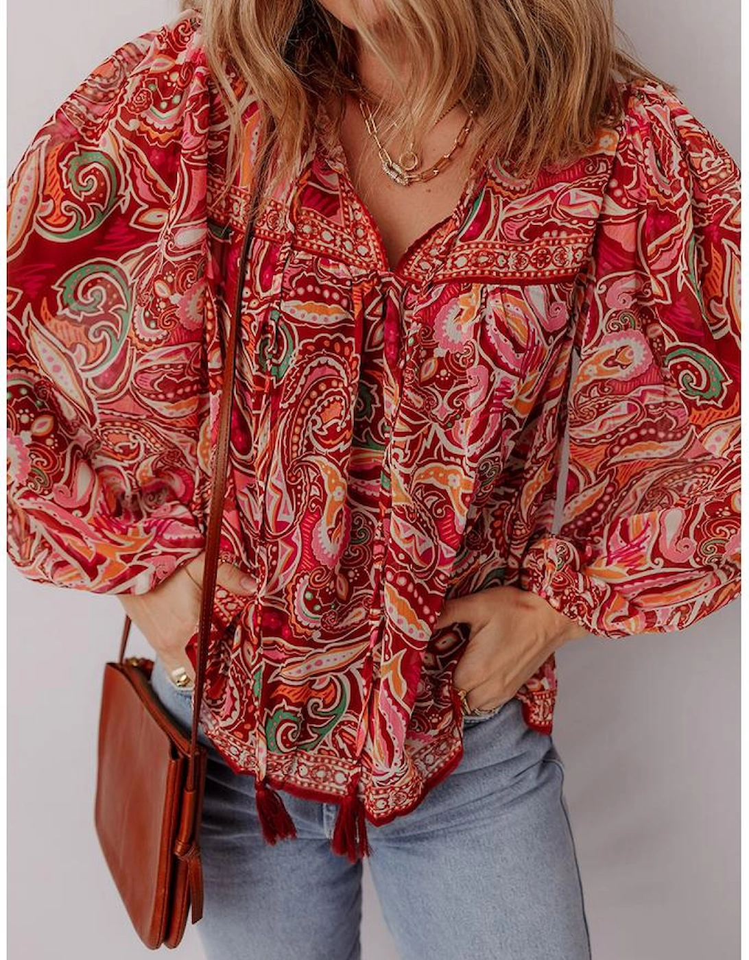 Multicolour Ethnic Paisley Print Tassel Tie Puff Sleeve Boho Blouse