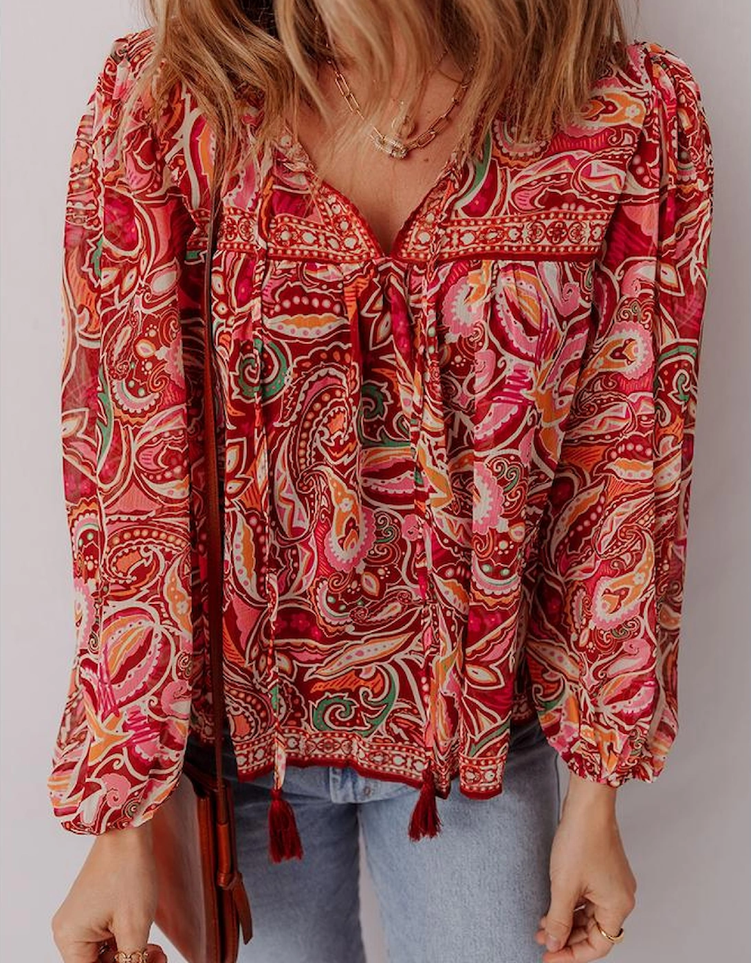 Multicolour Ethnic Paisley Print Tassel Tie Puff Sleeve Boho Blouse