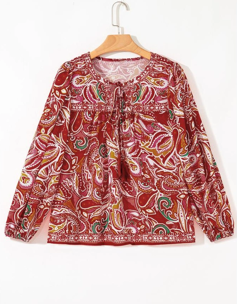 Multicolour Ethnic Paisley Print Tassel Tie Puff Sleeve Boho Blouse
