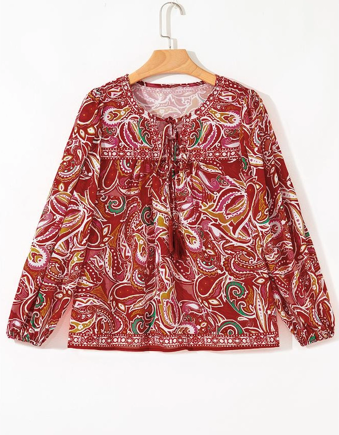 Multicolour Ethnic Paisley Print Tassel Tie Puff Sleeve Boho Blouse