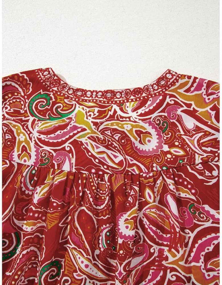 Multicolour Ethnic Paisley Print Tassel Tie Puff Sleeve Boho Blouse