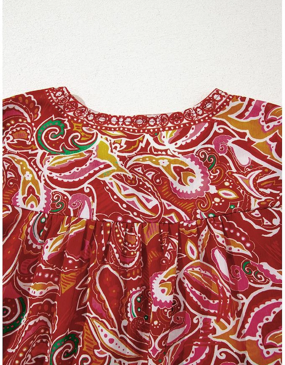 Multicolour Ethnic Paisley Print Tassel Tie Puff Sleeve Boho Blouse