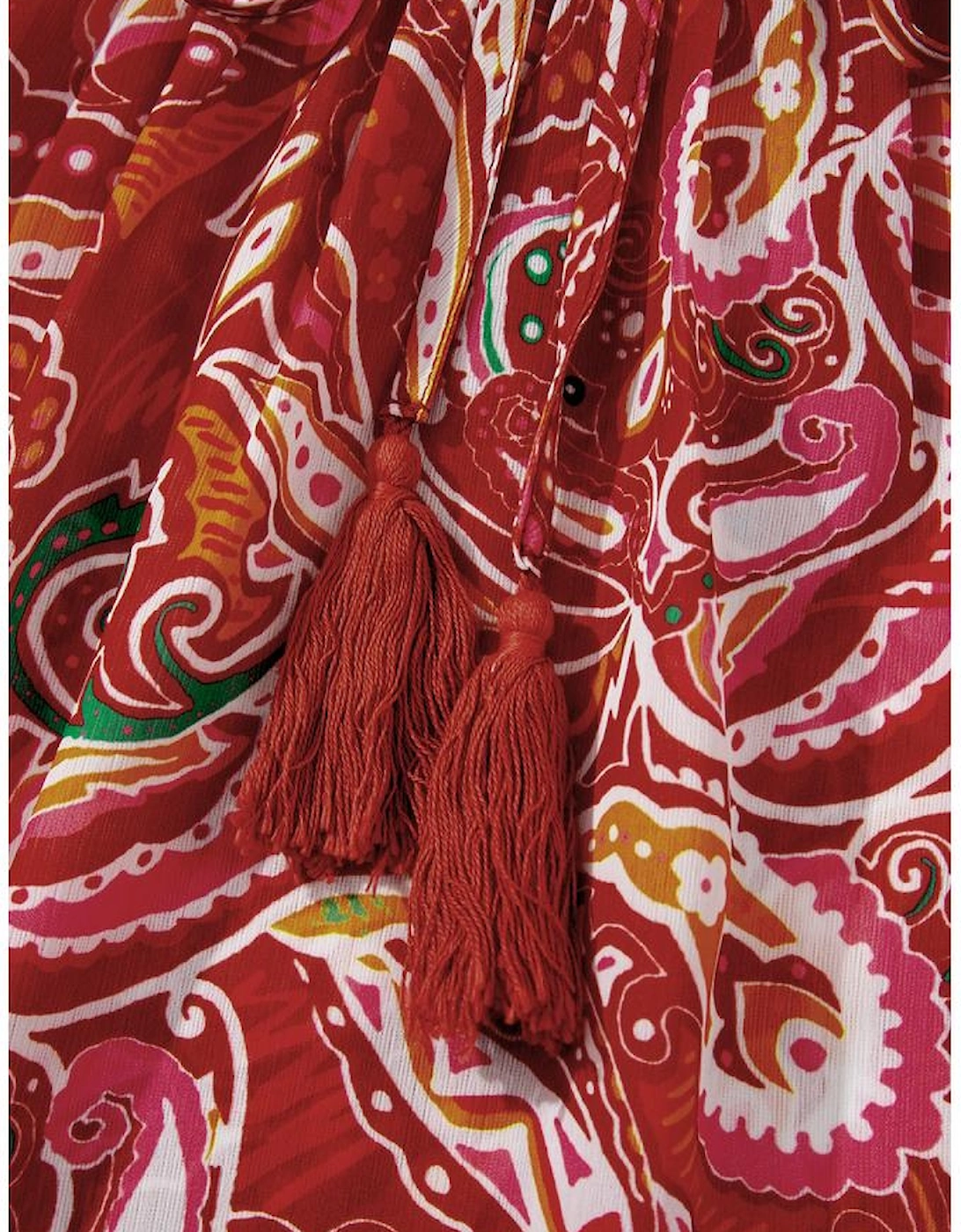 Multicolour Ethnic Paisley Print Tassel Tie Puff Sleeve Boho Blouse