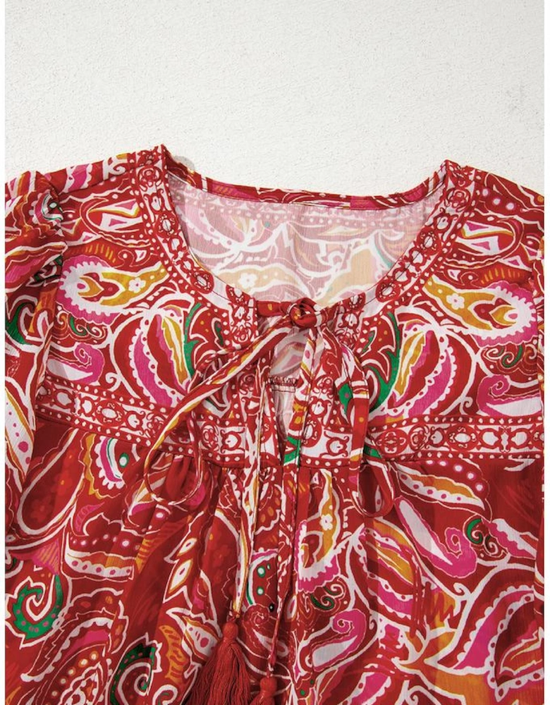 Multicolour Ethnic Paisley Print Tassel Tie Puff Sleeve Boho Blouse