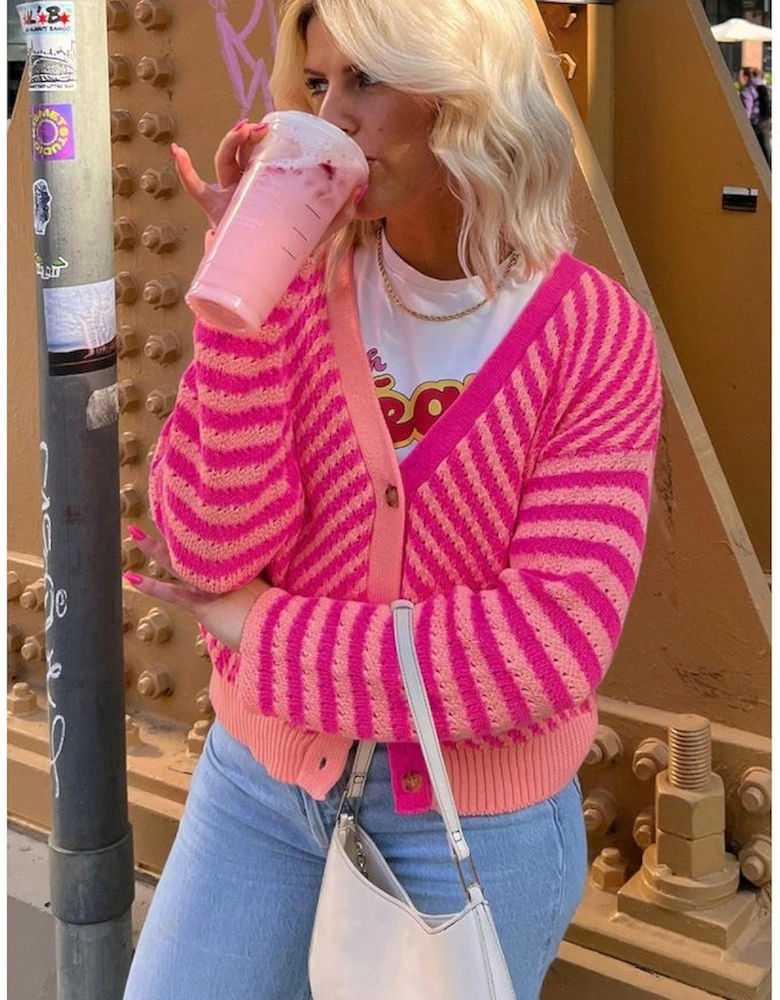 Pink Striped Buttoned V Neck Drop Shoulder Cardigan