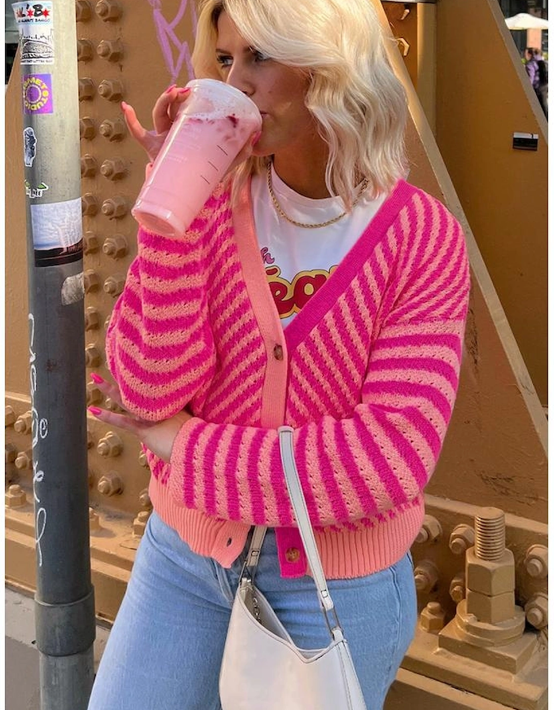 Pink Striped Buttoned V Neck Drop Shoulder Cardigan, 15 of 14