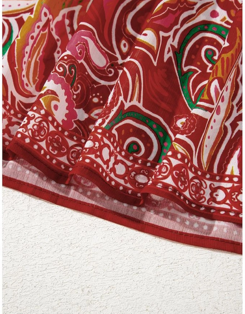 Multicolour Ethnic Paisley Print Tassel Tie Puff Sleeve Boho Blouse