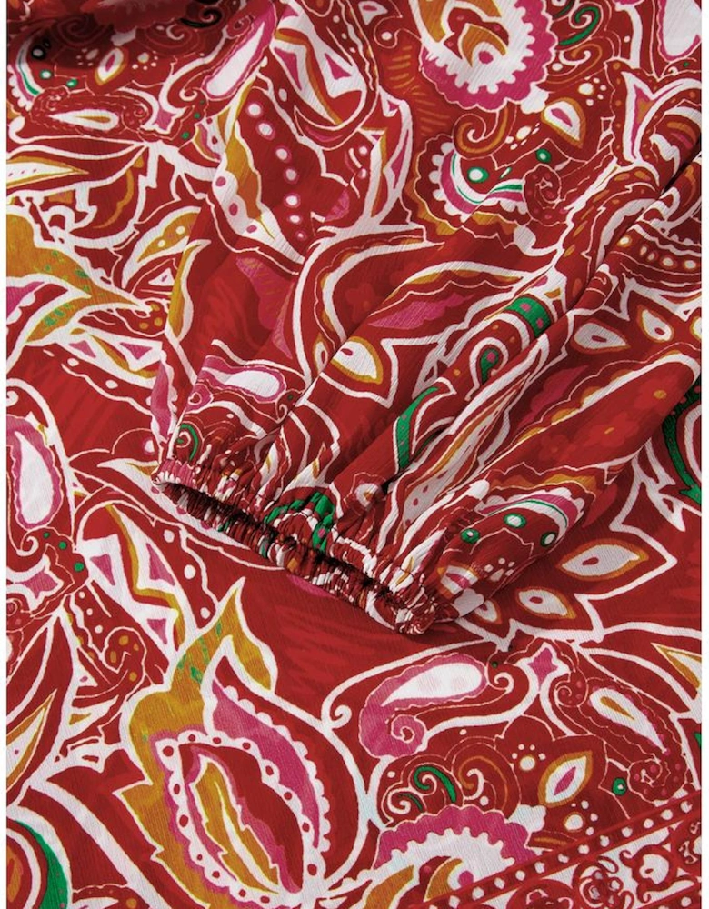 Multicolour Ethnic Paisley Print Tassel Tie Puff Sleeve Boho Blouse