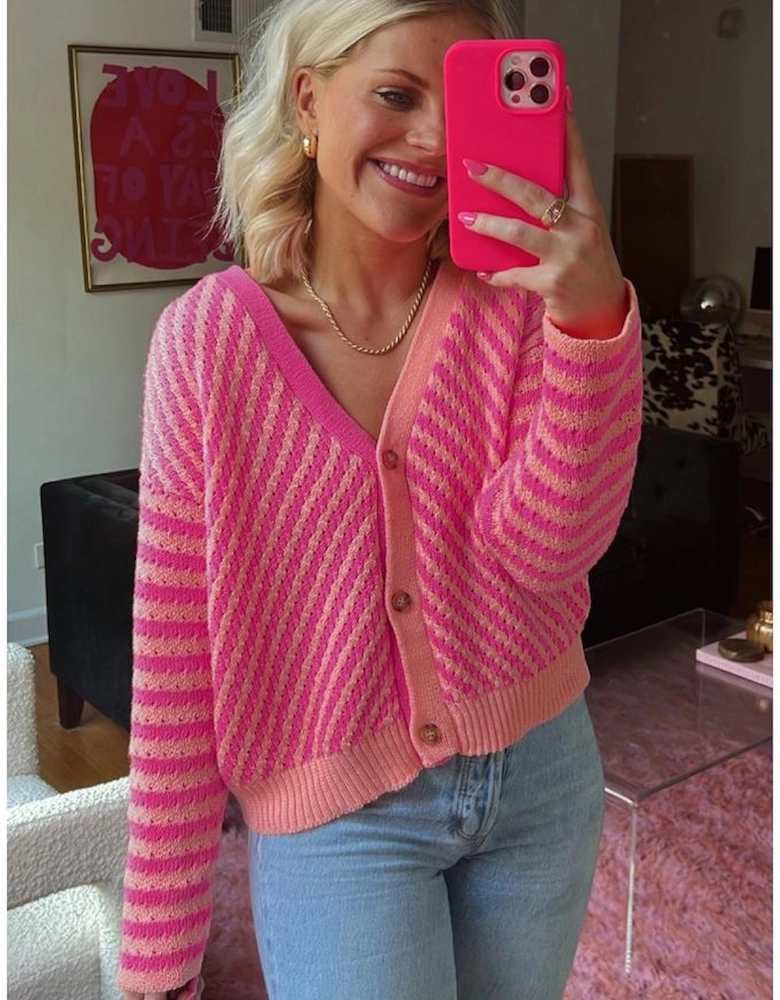 Pink Striped Buttoned V Neck Drop Shoulder Cardigan