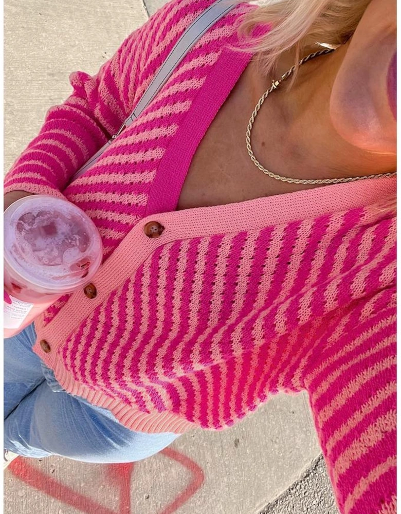 Pink Striped Buttoned V Neck Drop Shoulder Cardigan