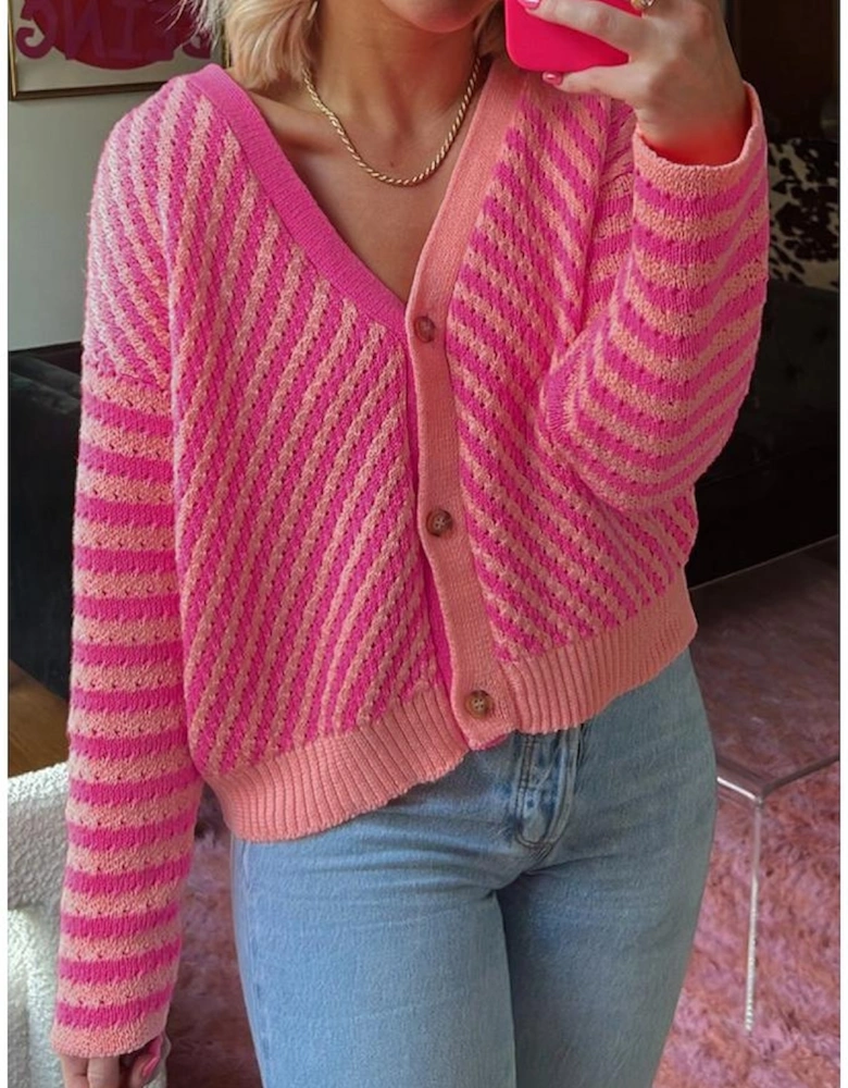 Pink Striped Buttoned V Neck Drop Shoulder Cardigan