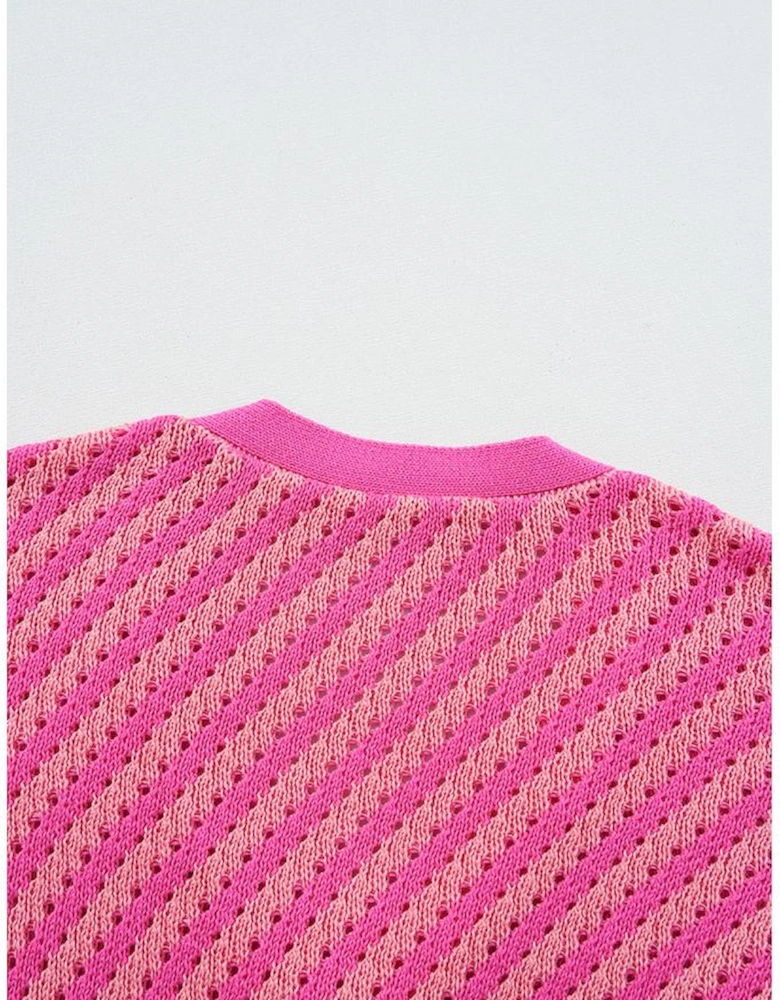 Pink Striped Buttoned V Neck Drop Shoulder Cardigan