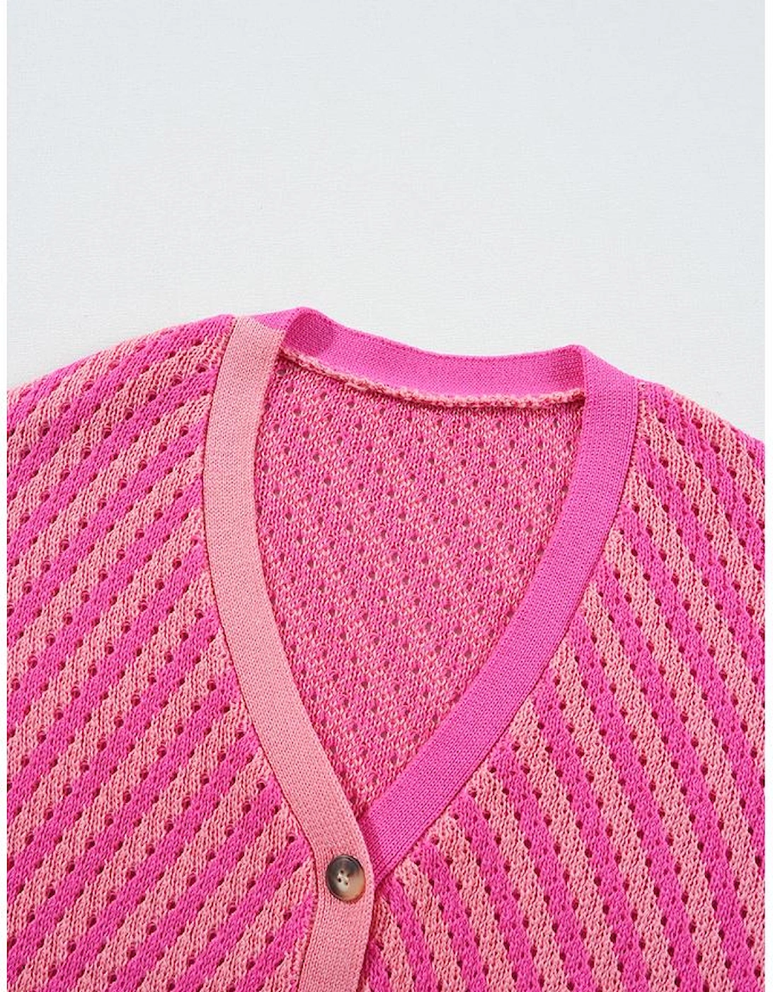 Pink Striped Buttoned V Neck Drop Shoulder Cardigan