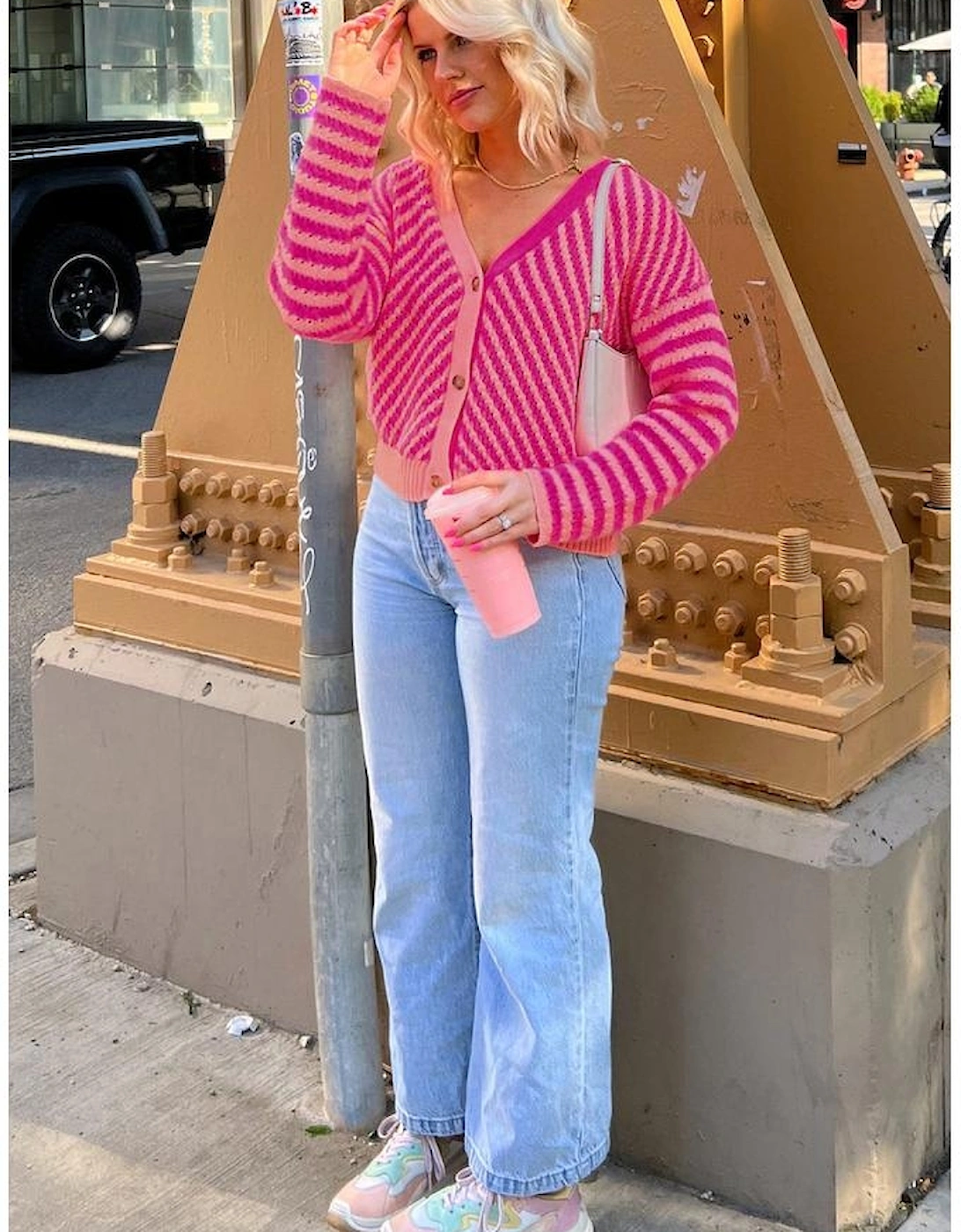 Pink Striped Buttoned V Neck Drop Shoulder Cardigan