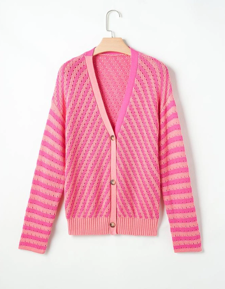 Pink Striped Buttoned V Neck Drop Shoulder Cardigan