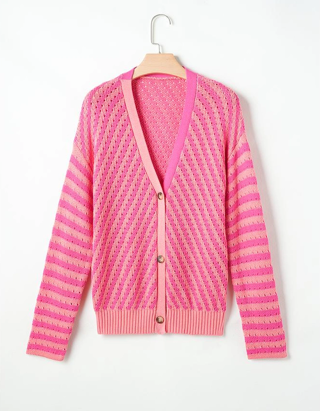 Pink Striped Buttoned V Neck Drop Shoulder Cardigan
