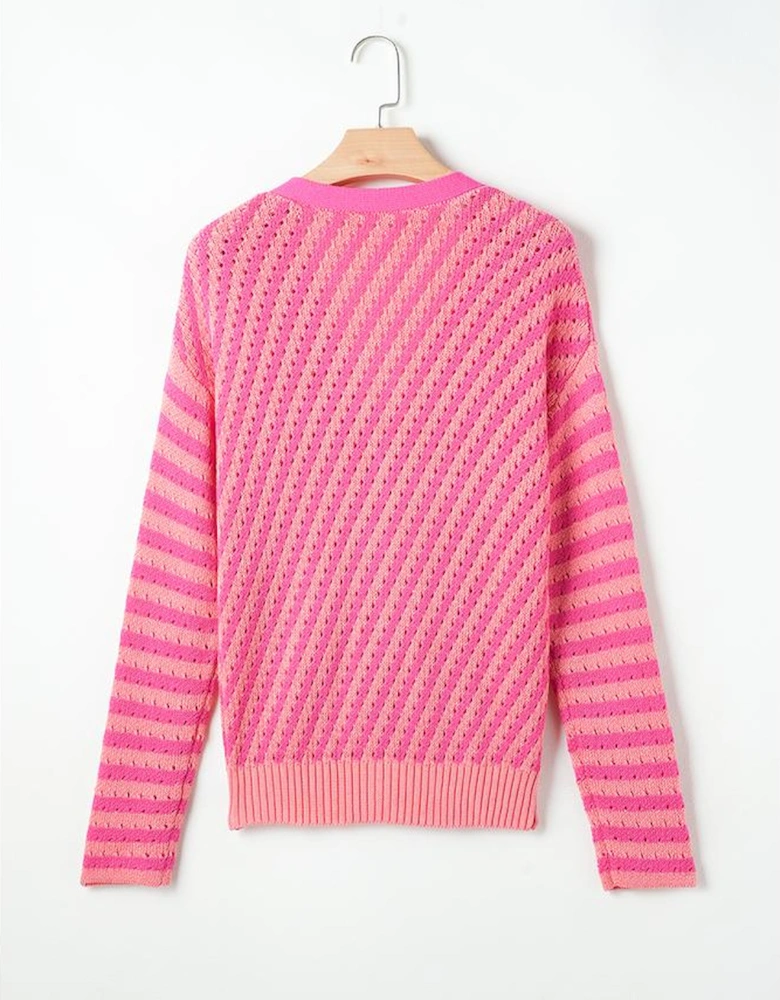 Pink Striped Buttoned V Neck Drop Shoulder Cardigan
