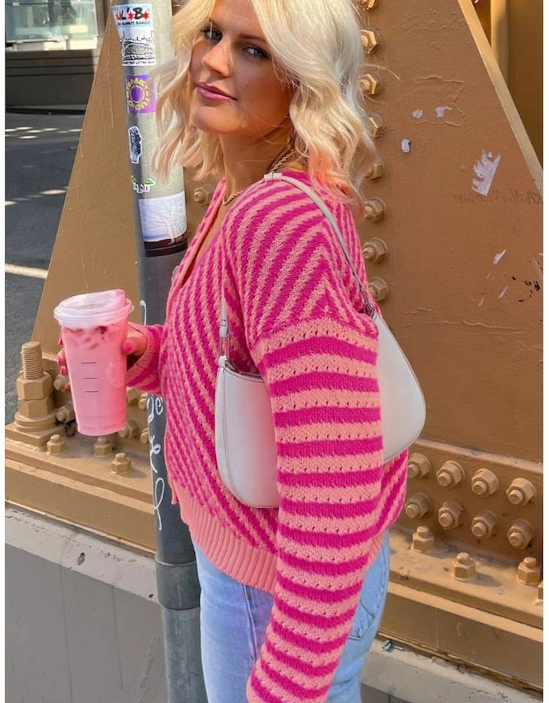 Pink Striped Buttoned V Neck Drop Shoulder Cardigan