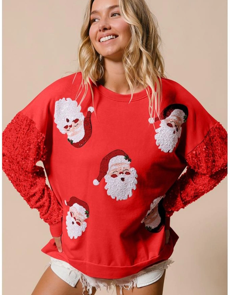 Fiery Red Sequined Santa Claus Long Sleeve Christmas Sweatshirt