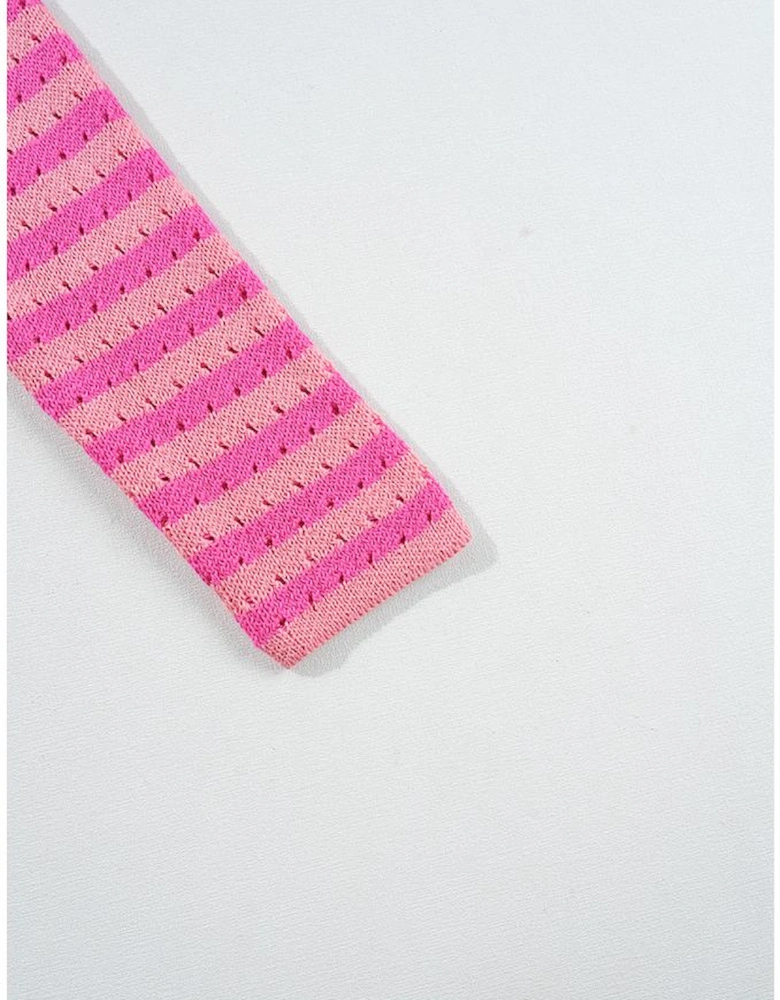 Pink Striped Buttoned V Neck Drop Shoulder Cardigan