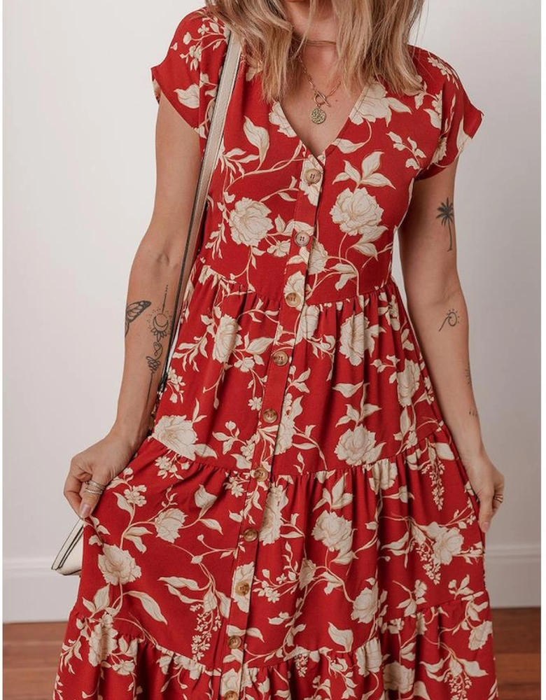 Red Floral Print Buttoned Front V Neck Tiered Short Sleeve Midi Dress