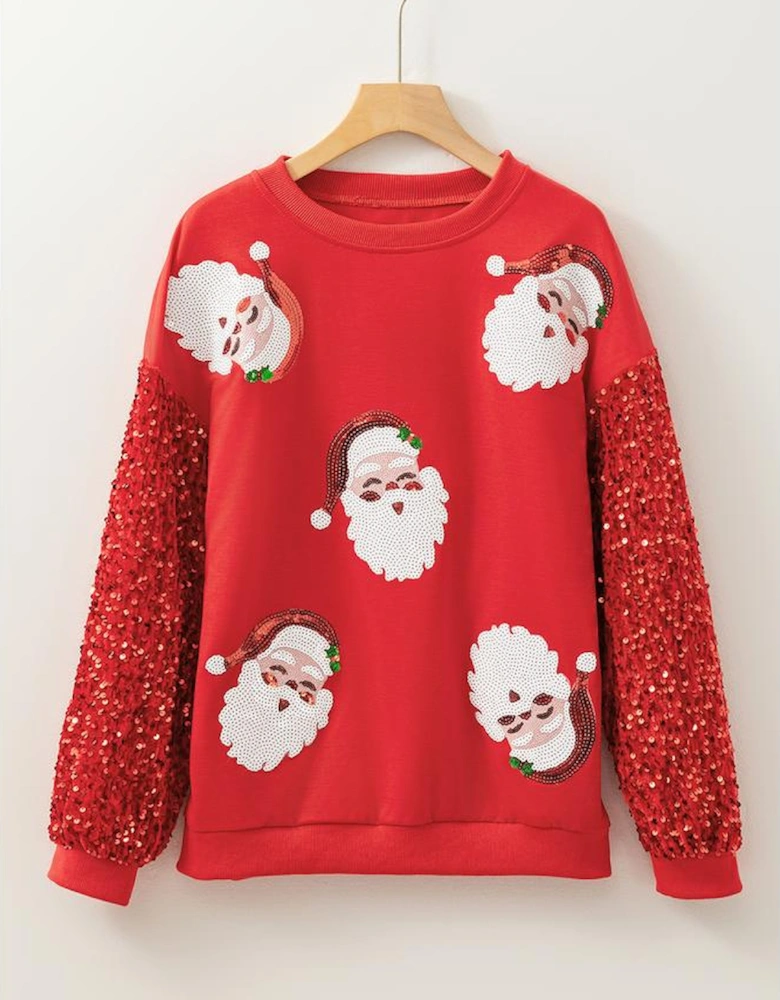 Fiery Red Sequined Santa Claus Long Sleeve Christmas Sweatshirt