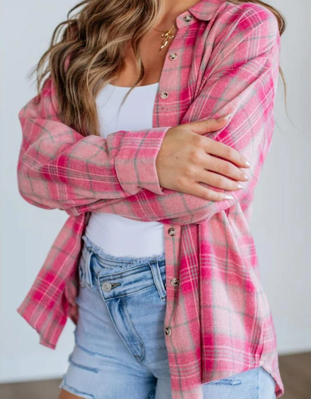 Sachet Pink Plaid Print Rounded Hem Long Sleeve Shirt with Pockets