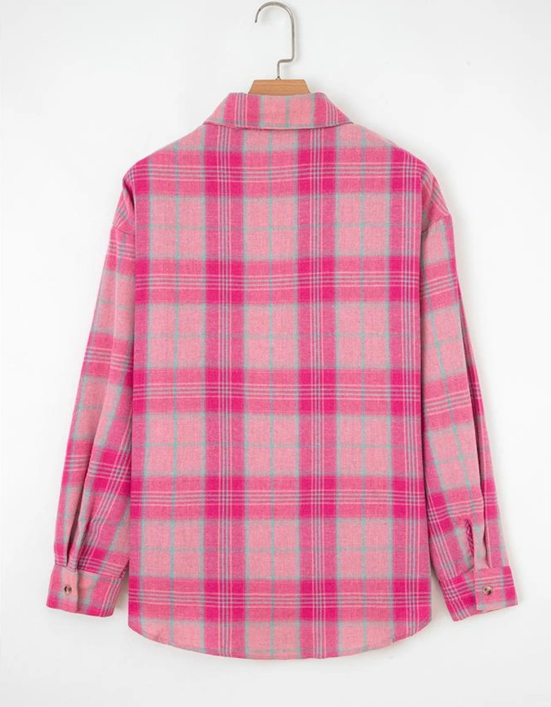Sachet Pink Plaid Print Rounded Hem Long Sleeve Shirt with Pockets