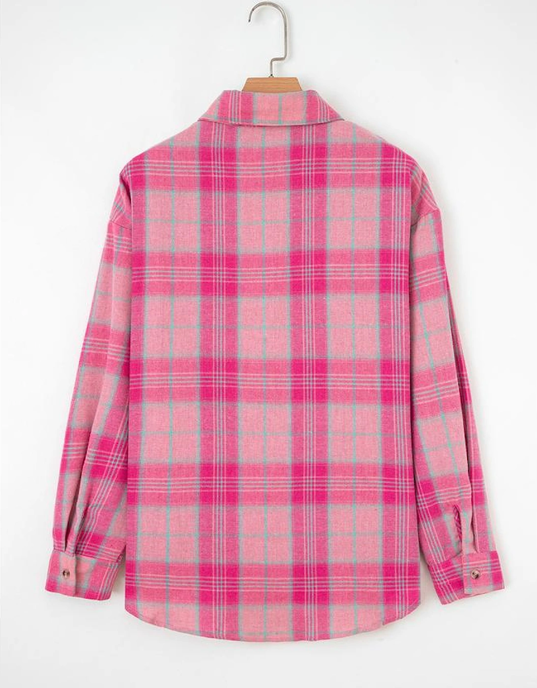 Sachet Pink Plaid Print Rounded Hem Long Sleeve Shirt with Pockets
