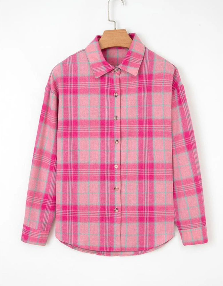 Sachet Pink Plaid Print Rounded Hem Long Sleeve Shirt with Pockets