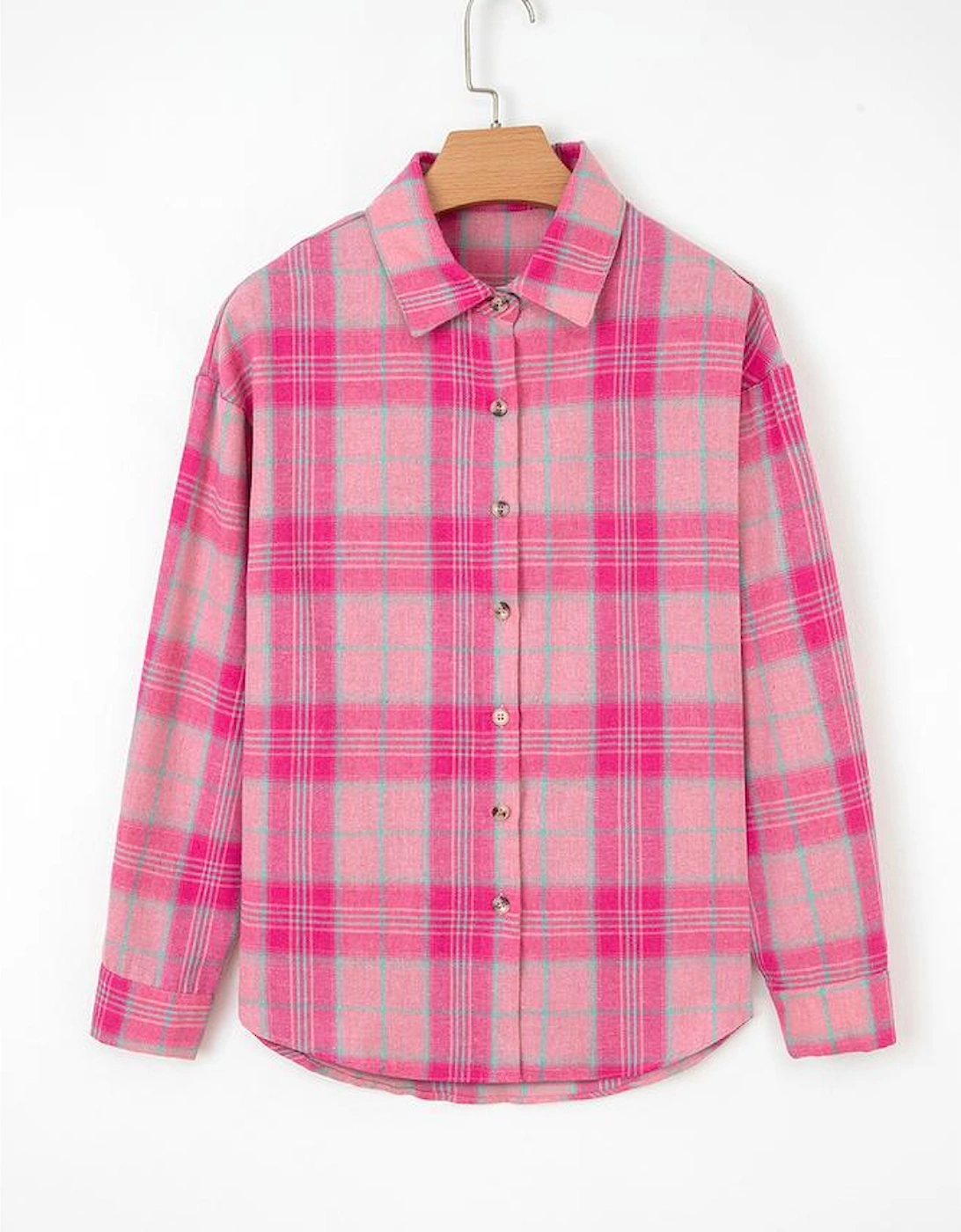 Sachet Pink Plaid Print Rounded Hem Long Sleeve Shirt with Pockets