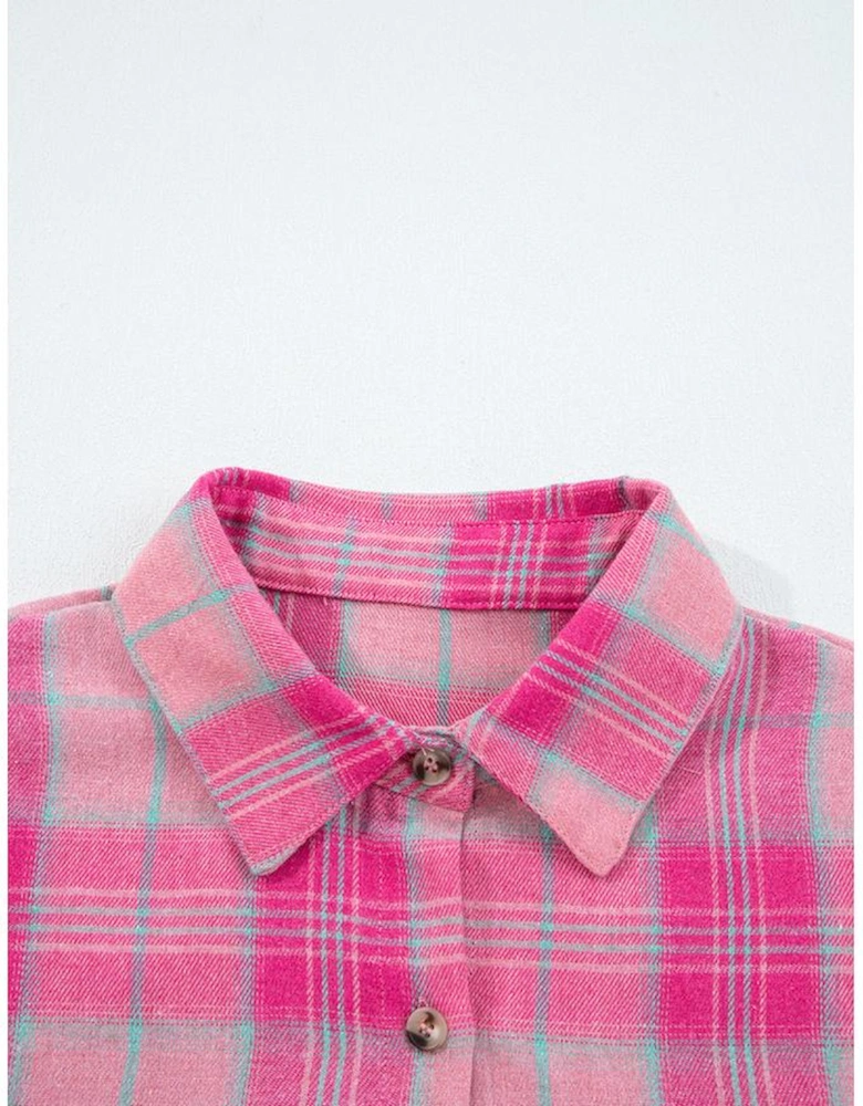 Sachet Pink Plaid Print Rounded Hem Long Sleeve Shirt with Pockets