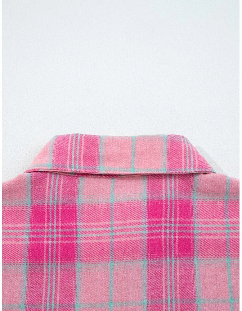Sachet Pink Plaid Print Rounded Hem Long Sleeve Shirt with Pockets